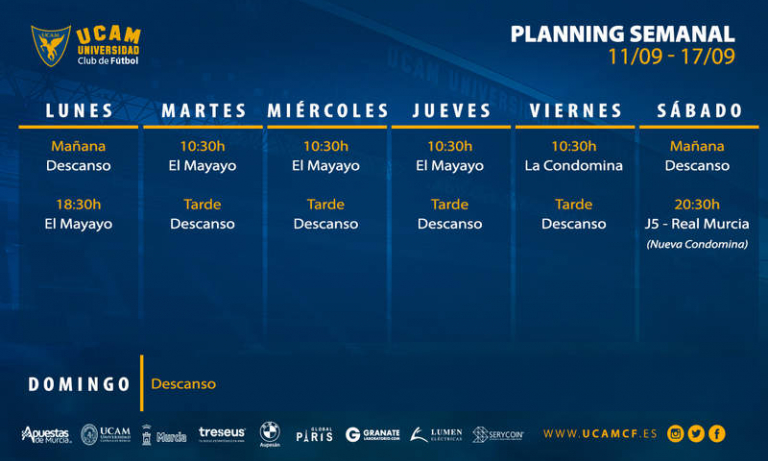 Plan de entrenamientos del UCAM Murcia CF (11/09 - 17/09)