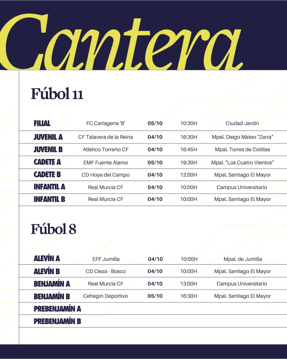 Horarios - cantera