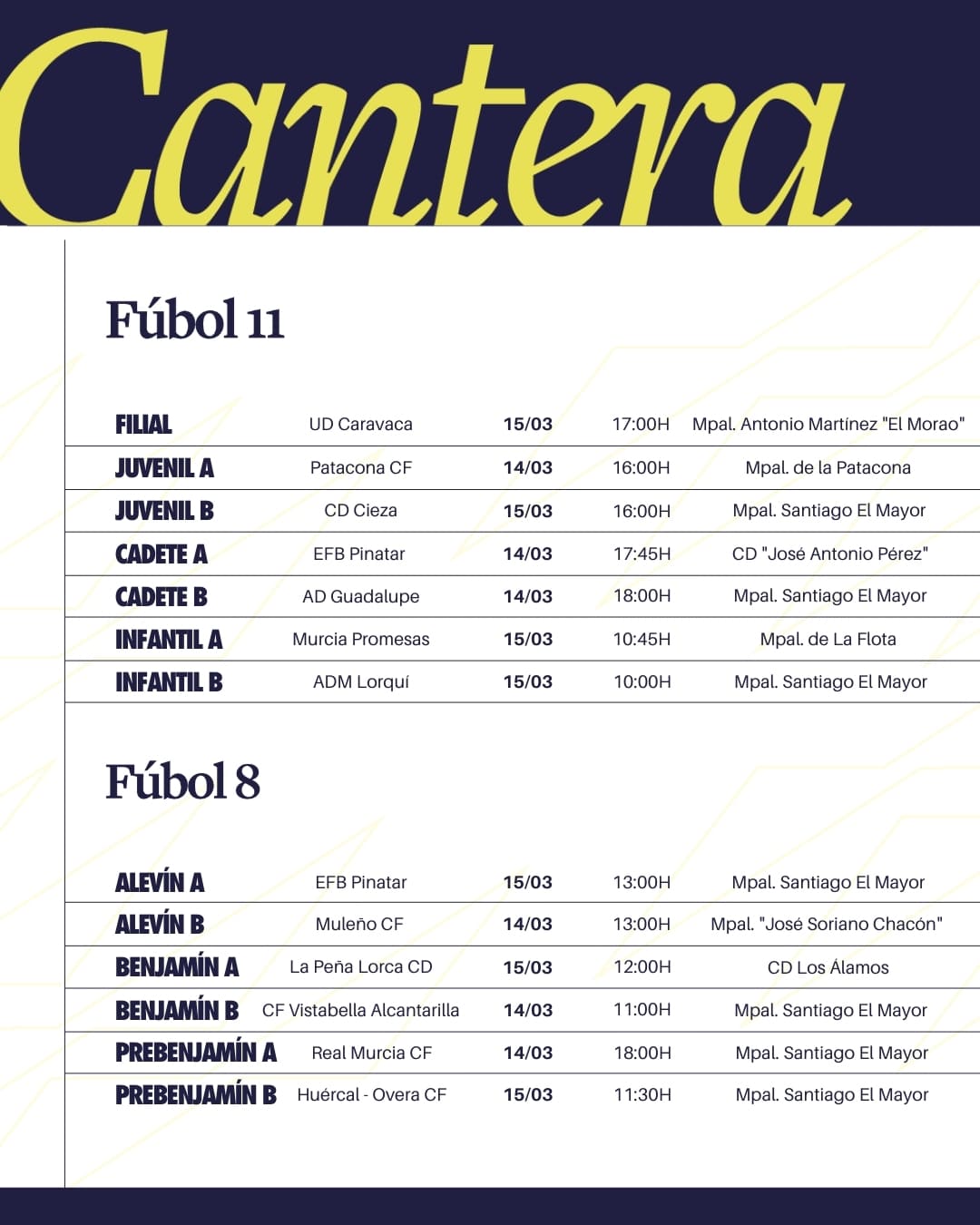 Horarios - Cantera - 14 de marzo