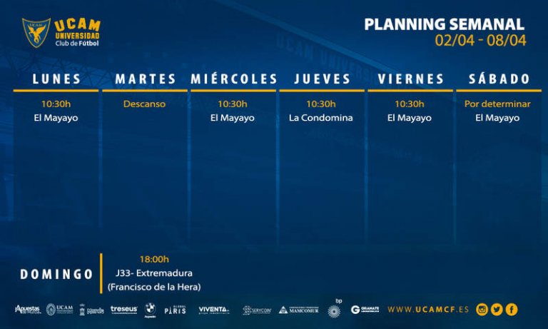 Plan de entrenamientos del UCAM Murcia (02/04 - 08/04)